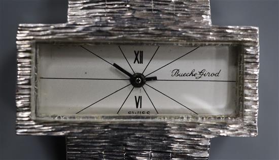 A lady's 9ct white gold Bueche Girod wrist watch with textured 9ct gold integral bracelet.